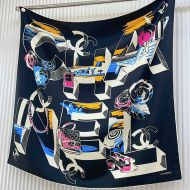 Chanel Scarf 90 with 3D Chanel Logo and Product Print in Silk Black