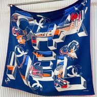 Chanel Scarf 90 with 3D Chanel Logo and Product Print in Silk Navy Blue