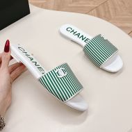 Chanel Slides with Enamel Logo Women Striped Canvas Green