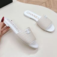 Chanel Slides with Enamel Logo Women Striped Canvas Khaki