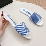 Chanel Slides with Enamel Logo Women Striped Canvas Navy Blue