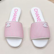 Chanel Slides with Enamel Logo Women Striped Canvas Pink