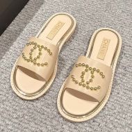 Chanel Slides with Metal Pearl Logo Women Lambskin Khaki