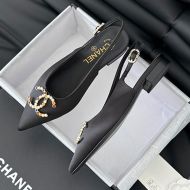 Chanel Slingback Flats with Pearl Logo Women Satin Black