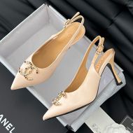 Chanel Slingback Pumps with Pearl Logo Women Satin Khaki