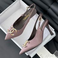 Chanel Slingback Pumps with Pearl Logo Women Satin Purple