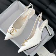 Chanel Slingback Pumps with Pearl Logo Women Satin White