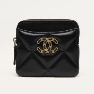 Chanel AP2086 Small 19 Zipped Coin Purse in Shiny Lambskin Black/Gold