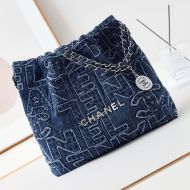 Chanel AS3260 Small 22 Hobo Bag with Chanel Logo Embroidery in Denim Blue