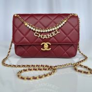 Chanel AS5011 Small Flap Crossbody Bag with Pearls and Chanel Crystals in Shiny Lambskin Burgundy