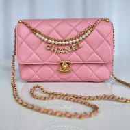 Chanel AS5011 Small Flap Crossbody Bag with Pearls and Chanel Crystals in Shiny Lambskin Pink