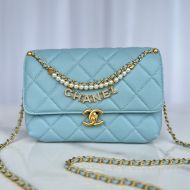 Chanel AS5011 Small Flap Crossbody Bag with Pearls and Chanel Crystals in Shiny Lambskin Sky Blue