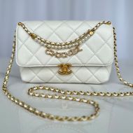 Chanel AS5011 Small Flap Crossbody Bag with Pearls and Chanel Crystals in Shiny Lambskin White