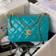 Chanel AS2649 Small Flap Crossbody Bag with Sphere Embellishment in Shiny Calfskin Teal