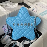 Chanel AS4579 Small Star Chain Crossbody Bag with Chanel Logo in Crumpled Lambskin Sky Blue/Gold