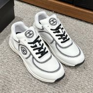 Chanel Sneakers with Embroidery Logo Women Calfskin and Stretch Fabric White