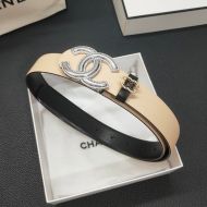 Chanel Wide Belt with Crystal Logo Buckle in Calfskin Apricot