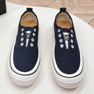 Chanel Biscuit Platform Slip-On Sneakers with Logo Print Women Canvas Navy Blue