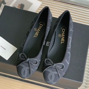 Chanel Bow Ballet Flats with Allover Logo Print Women Denim Black