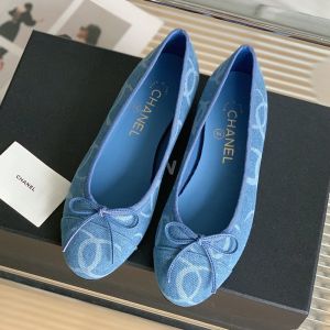 Chanel Bow Ballet Flats with Allover Logo Print Women Denim Blue