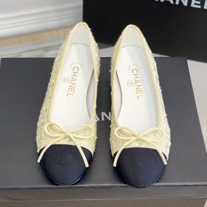 Chanel Bow Ballet Flats Women Cotton and Wool Tweed and Grosgrain Yellow