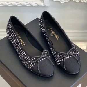 Chanel Bow Ballet Flats Women Wool Tweed and Grosgrain Black