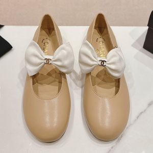 Chanel Bow Mary Janes with Pearl Buckle Women Calfskin Khaki