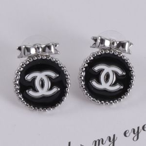 Chanel Bow Stud Earrings with Enamel Logo in Metal Silver