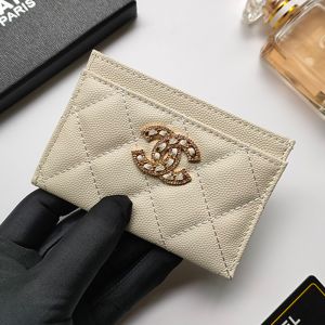 Chanel AP2737 Card Holder with Crystal Logo in Grained Calfskin Beige