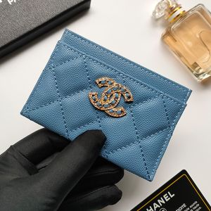 Chanel AP2737 Card Holder with Crystal Logo in Grained Calfskin Blue