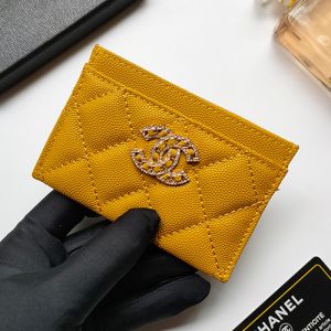 Chanel AP2737 Card Holder with Crystal Logo in Grained Calfskin Brown