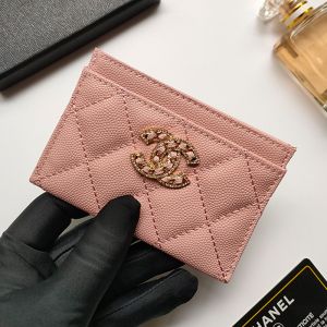 Chanel AP2737 Card Holder with Crystal Logo in Grained Calfskin Pink