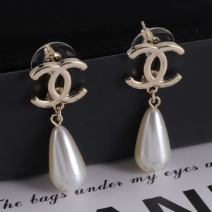 Chanel Logo Pearl Drop Earrings in Metal Gold