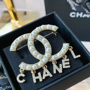 Chanel Pearl Brooch with Diamond Chanel Letters in Brass Gold