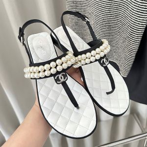 Chanel Flip-Flop Flat Sandals with Pearl Embellishment Women Lambskin Fabric Black