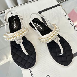 Chanel Flip-Flop Flat Sandals with Pearl Embellishment Women Lambskin Fabric White