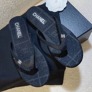 Chanel G45716 Thongs Slides with Crystal Logo Women Cotton and Silk Black