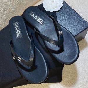 Chanel G45716 Thongs Slides with Crystal Logo Women Lambskin Black