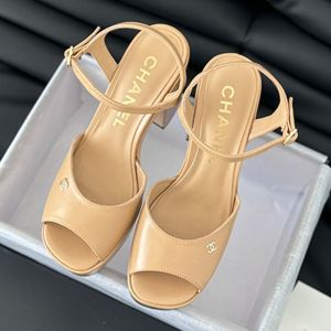 Chanel G45740 Tan-Go Platform Sandals Women Calfskin Apricot