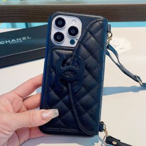 Chanel iPhone Case with Logo Flap Card Holder and Strap in Calfskin Black