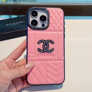 Chanel iPhone Case with Crystal Logo in Calfskin Pink