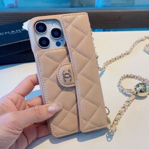 Chanel iPhone Case with Flap Card Holder and Ball Chain Strap in Grained Calfskin Khaki