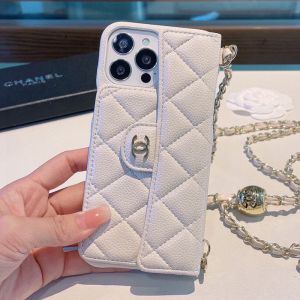 Chanel iPhone Case with Flap Card Holder and Ball Chain Strap in Grained Calfskin White