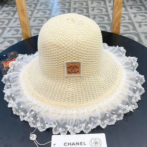 Chanel Knit Lace Straw Hat with Bow and Pearl Beige