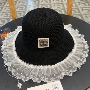 Chanel Knit Lace Straw Hat with Bow and Pearl Black