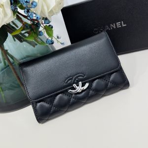 Chanel Large Flap Trifold Wallet in Shiny Calfskin Black