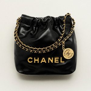 Chanel AS3980 Mini 22 Hobo Bag with Double Crossbody Strap in Shiny Calfskin Black/Gold