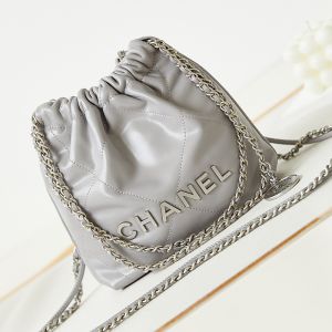 Chanel AS3980 Mini 22 Hobo Bag with Double Crossbody Strap in Shiny Calfskin Grey