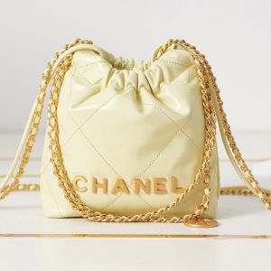 Chanel AS3980 Mini 22 Hobo Bag with Double Crossbody Strap in Shiny Calfskin Lemon