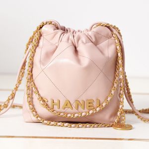 Chanel AS3980 Mini 22 Hobo Bag with Double Crossbody Strap in Shiny Calfskin Pink